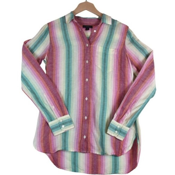 J.Crew Linen Blend Sz 2  (XS) Multicolor Sherbet Stripe Button Front Shirt - Picture 1 of 7